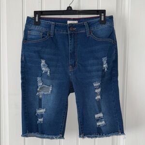 NWOT Distressed Dark Blue Denim Bermuda Shorts